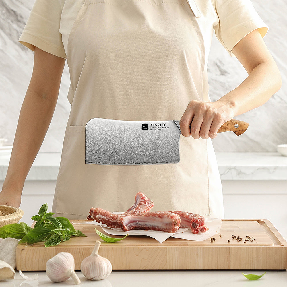 XINZUO Professional Chinese Bone Cleaver Knife - Triple-Layer Composited Steel with Olive Wood Handle, Razor Sharp & Ergonomic Design-PIN Series