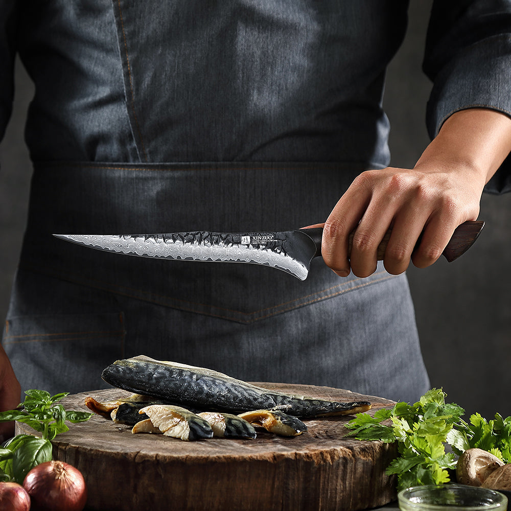 XINZUO 7.5 Inch Flexible Fillet Knife 67 Layers Damascus Steel with Burnt Oak Handle – Precision Fish & Boneless Meat Preparation Tool