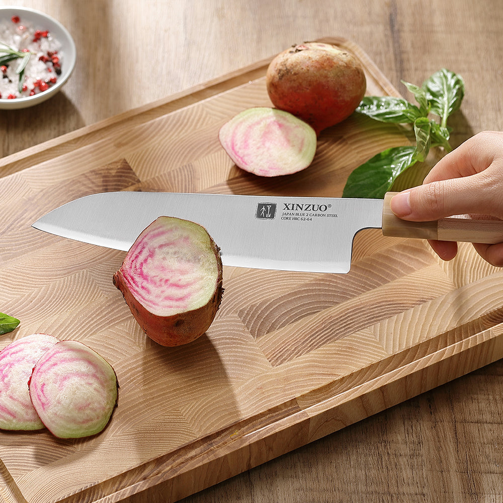 XINZUO 7.5 Inches Santoku Knife, Japanese Aogami #2 Steel, 62-64HRC, Ergonomic Octagonal Handle, Exquisite Gift-Ready Packaging