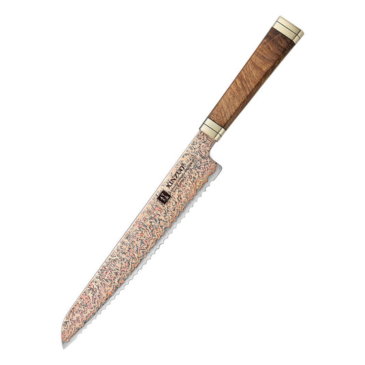 XINZUO 8.5 Inches Serrated Bread Knife, 53-Layer Tri-Color Copper Damascus Steel,Rosewood Handle,Acacia Wooden Gift Box Packing
