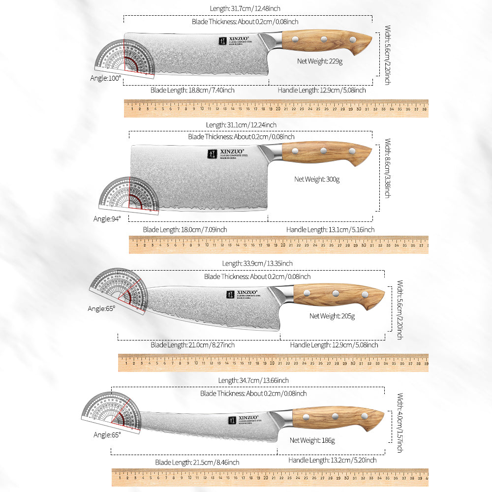 XINZUO 8PCS Kitchen Knife Set - Triple-Layer Composited Steel with Olive Wood Handle, Razor Sharp & Ergonomic Design-PIN Series