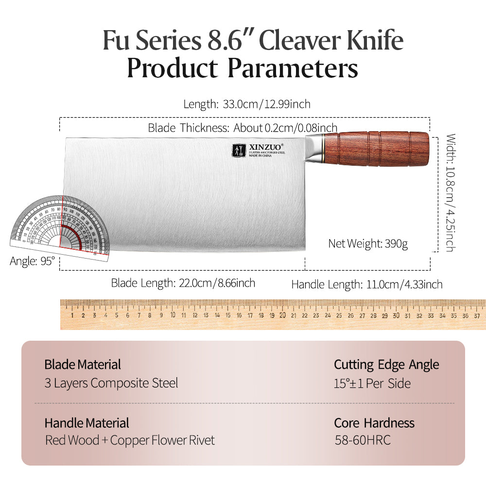 XINZUO 8.5 Inches Cleaver Knife, 3 Layers Clad Steel with Red Wood Handle & Copper Rivets, 58~60HRC - FU Series