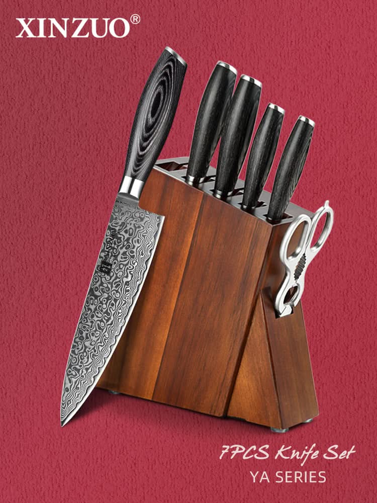 XINZUO 7-Piece 67 Layers Damascus Steel Kitchen Knife Set with Block and Kitchen Scissor-Ya Series