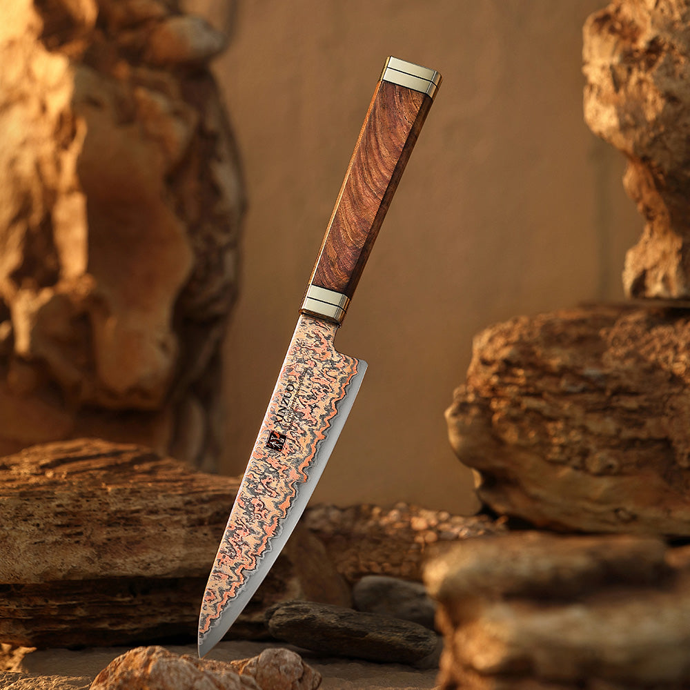 XINZUO 5.3 Inches Kitchen Utility Knife, 53-Layer Tri-Color Copper Damascus Steel,Rosewood Handle,Acacia Wooden Gift Box Packing