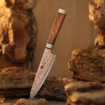 XINZUO 5.3 Inches Kitchen Utility Knife, 53-Layer Tri-Color Copper Damascus Steel,Rosewood Handle,Acacia Wooden Gift Box Packing