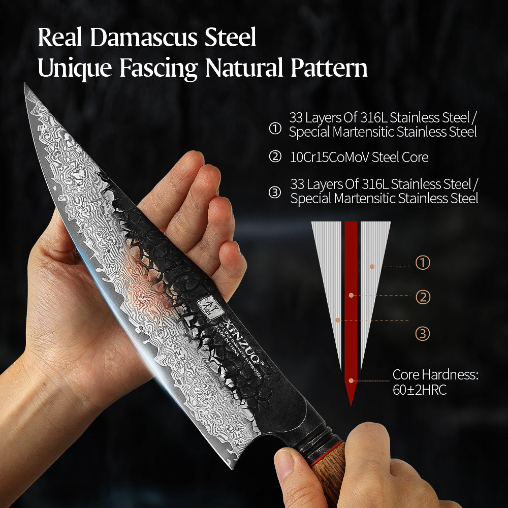 XINZUO 6-Piece Knife Set, 67 Layers Black Damascus Steel,Burnt Oak Handle MO-Series