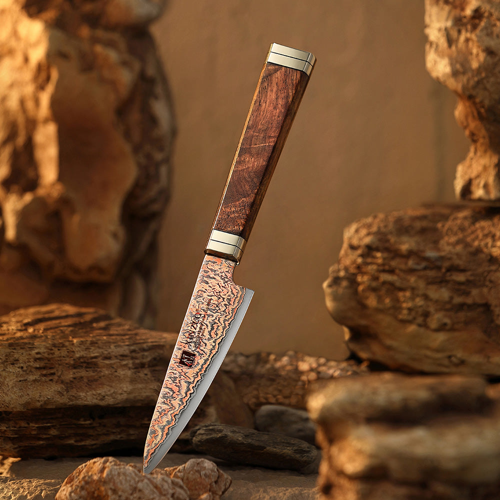 XINZUO 4 Inches Paring Knife, 53-Layer Tri-Color Copper Damascus Steel,Rosewood Handle,Acacia Wooden Gift Box Packing