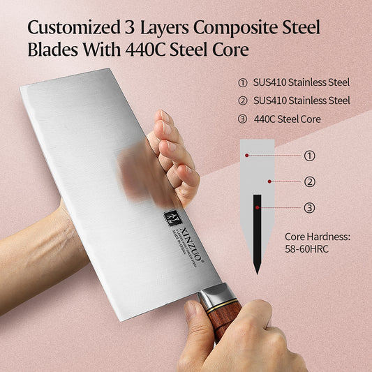 XINZUO 8 Inches Chinese Slicing Knife, 3 Layers Clad Steel with Red Wood Handle & Copper Rivets, 58~60HRC - FU Series