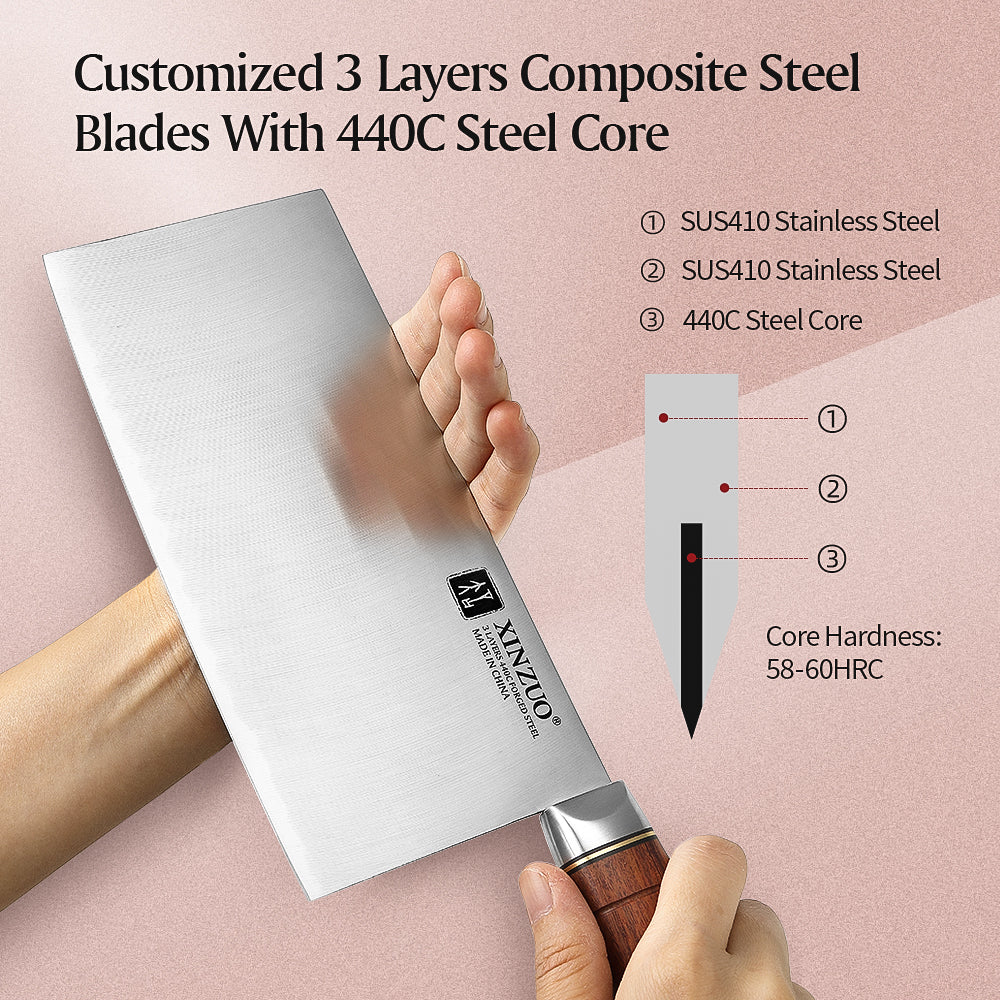 XINZUO 7.5 Inches Meat Cleaver Knife, 3-Layer Forged Steel with Red Sandalwood Handle & Copper Rivets, 58-60HRC