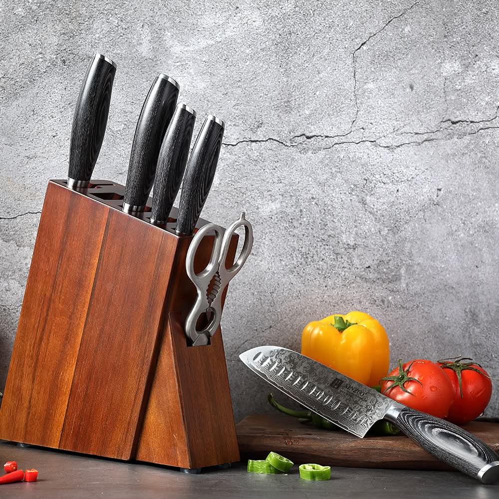 XINZUO 7-Piece 67 Layers Damascus Steel Kitchen Knife Set with Block and Kitchen Scissor-Ya Series