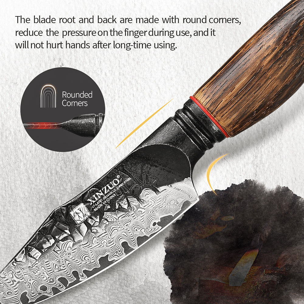 XINZUO 4 Inches 67 Layers Black Damascus Steel Paring Knife with Burnt Oak Handle MO-Series