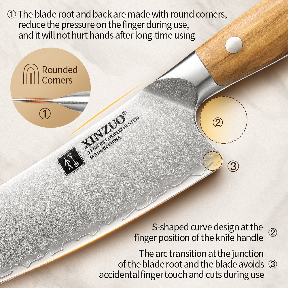 XINZUO Professional Santoku Knife - Triple-Layer Composited Steel with Olive Wood Handle, Razor Sharp & Ergonomic Design-PIN Series