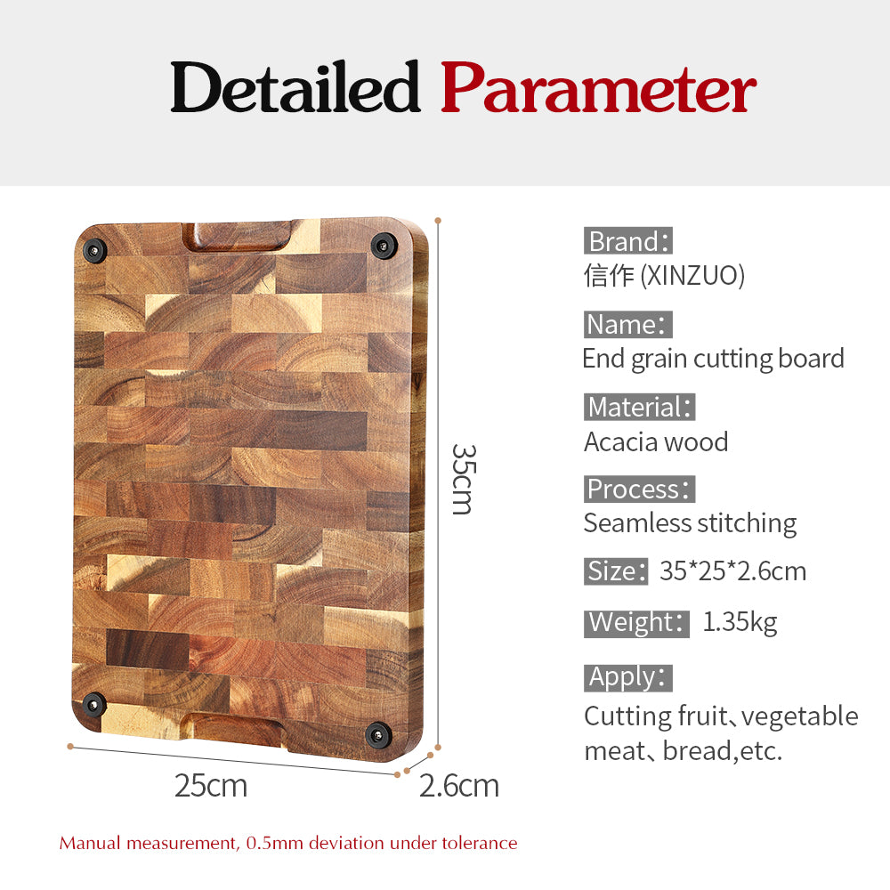 XINZUO Acacia Wood End Grain Cutting Board with Handles & Non-Slip Feet,Gift Box Package, Size 13.8" x 9.8" x 1"