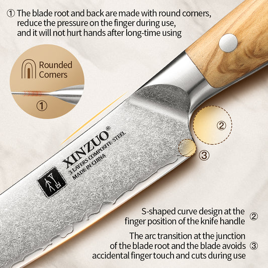 XINZUO Professional Carving Knife - Triple-Layer Composited Steel with Olive Wood Handle, Razor Sharp & Ergonomic Design-PIN Series