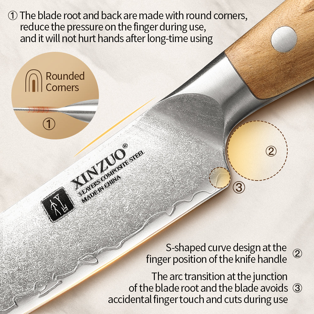 XINZUO 4PCS Steak Knife Set - Triple-Layer Composited Steel with Olive Wood Handle, Razor Sharp & Ergonomic Design-PIN Series