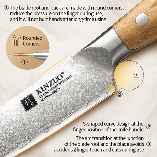 XINZUO 4PCS Steak Knife Set - Triple-Layer Composited Steel with Olive Wood Handle, Razor Sharp & Ergonomic Design-PIN Series