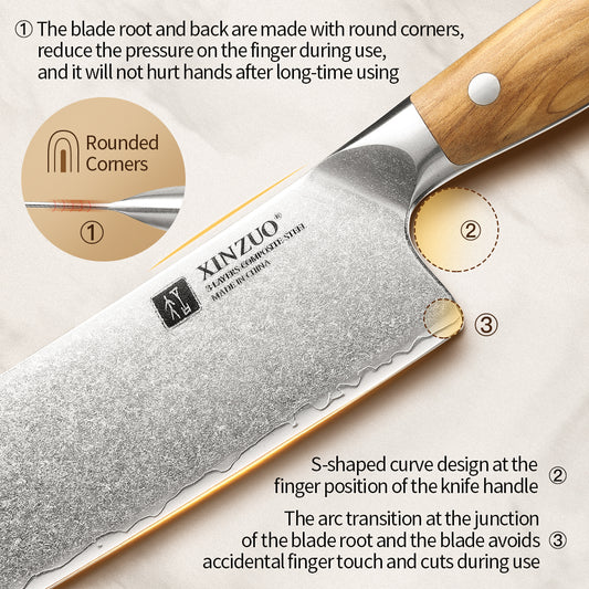 XINZUO Japanese Nakiri Knife - Triple-Layer Composited Steel with Olive Wood Handle, Razor Sharp & Ergonomic Design-PIN Series