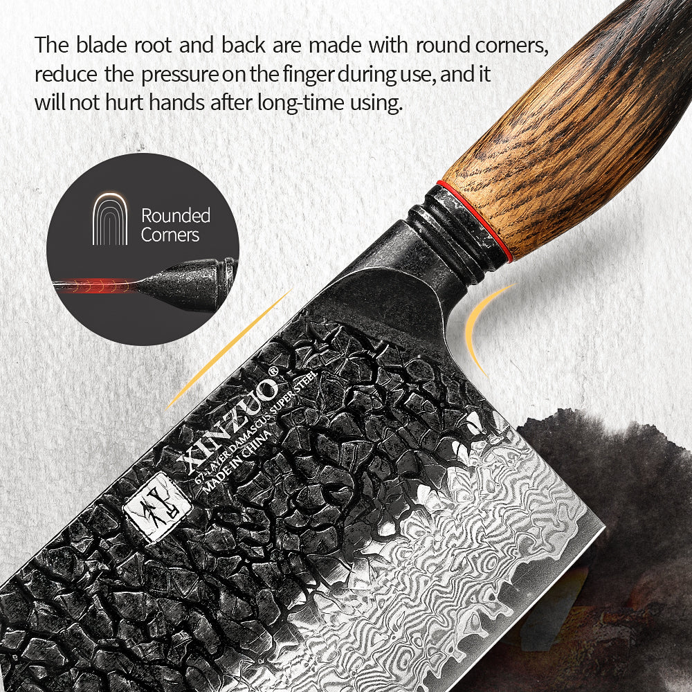 XINZUO 67 Layers Black Damascus Steel Meat Cleaver/Chinese Chef Knife with Burnt Oak Handle MO-Series