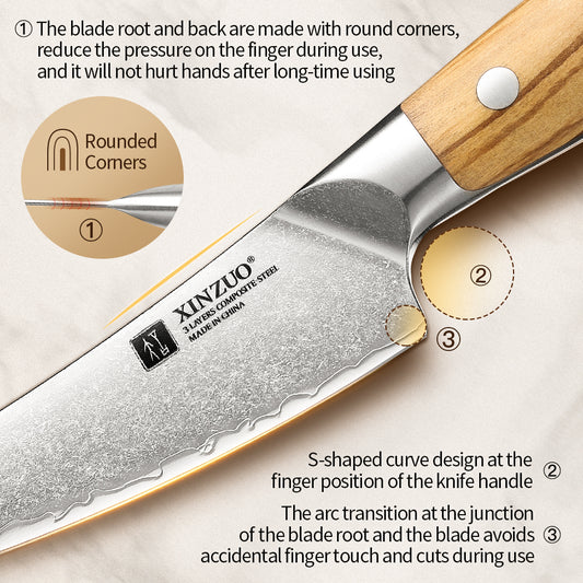 XINZUO Bone Fillet Knife - Triple-Layer Composited Steel with Olive Wood Handle, Razor Sharp & Ergonomic Design-PIN Series