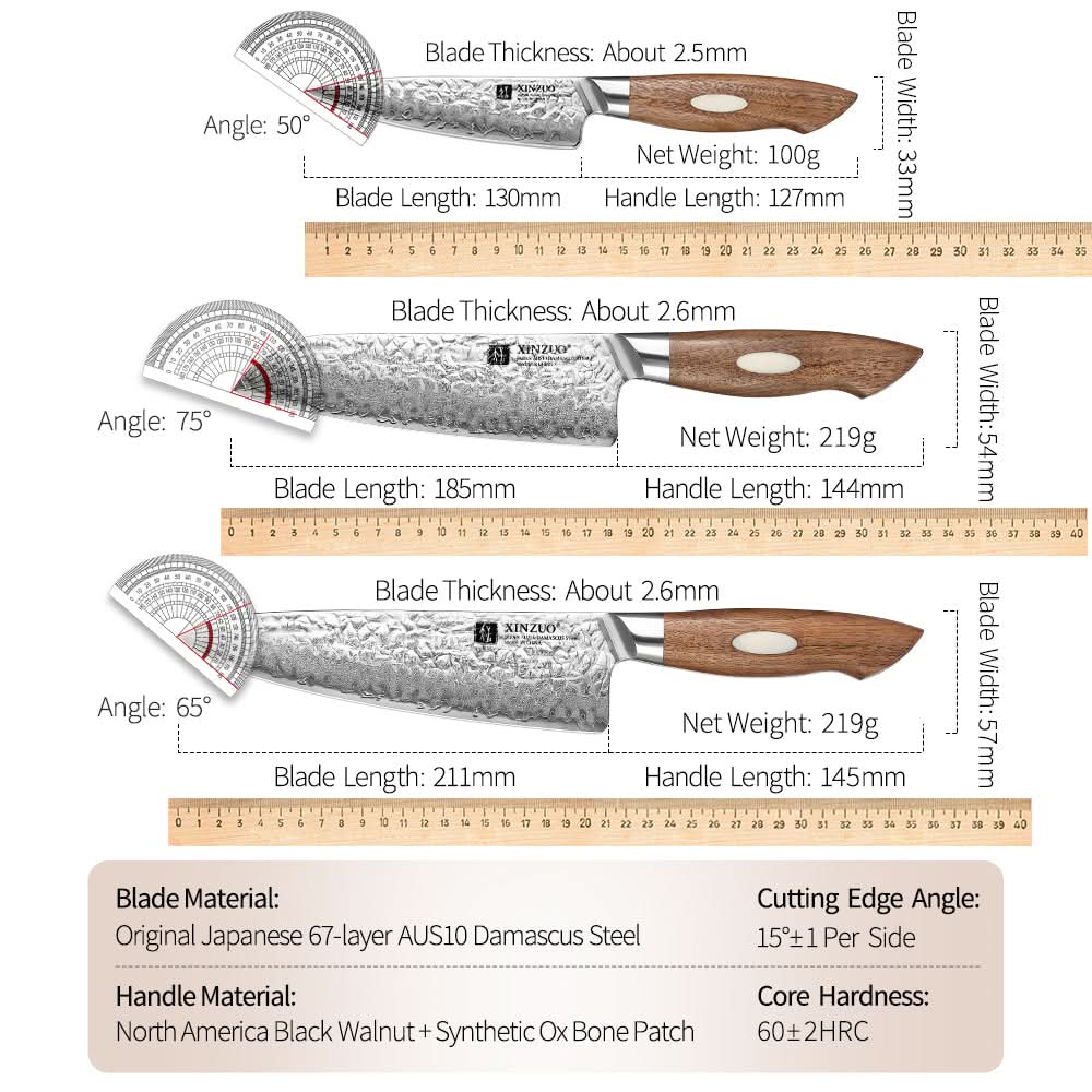 XINZUO 3-Piece 67 Layers Japanese AUS-10 Damascus Steel Kitchen Knife Set-Jiang Series