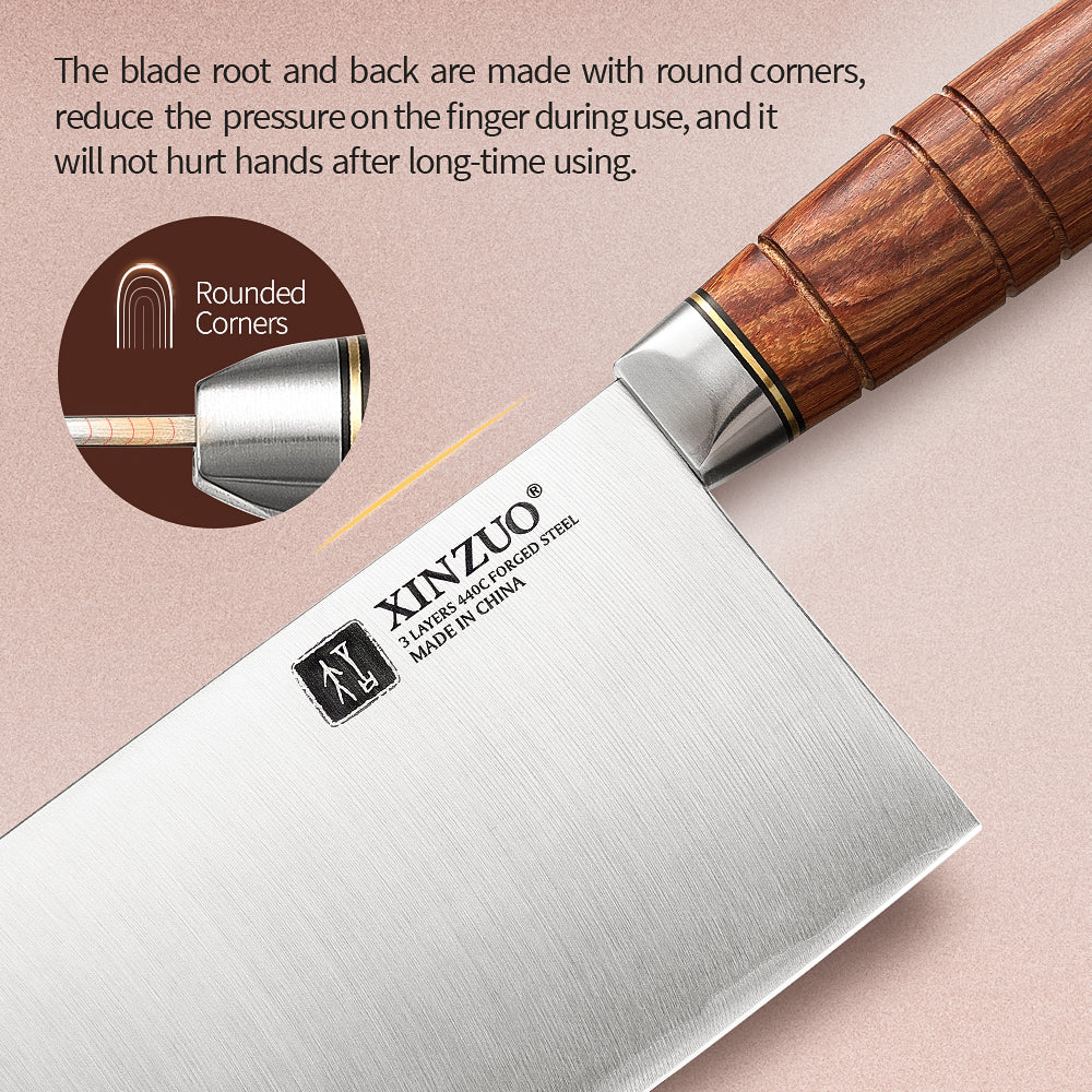 XINZUO 7.5 Inches Meat and Bone Knife, 3-Layer Forged Steel with Red Sandalwood Handle & Copper Rivets, 58-60HRC - Multi-Purpose Chef's Cleaver