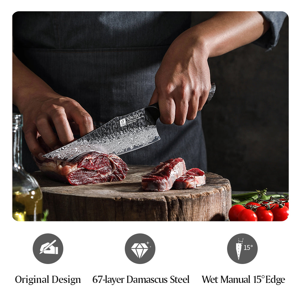 XINZUO 8-Piece Premium Damascus Steel Knife Set - Professional Kitchen Knives with Burnt Oak Handle
