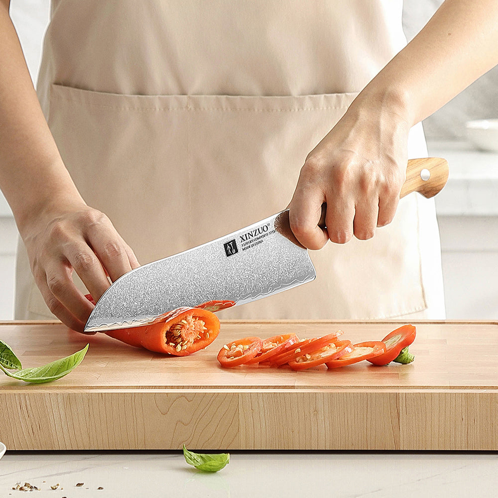 XINZUO Professional Santoku Knife - Triple-Layer Composited Steel with Olive Wood Handle, Razor Sharp & Ergonomic Design-PIN Series