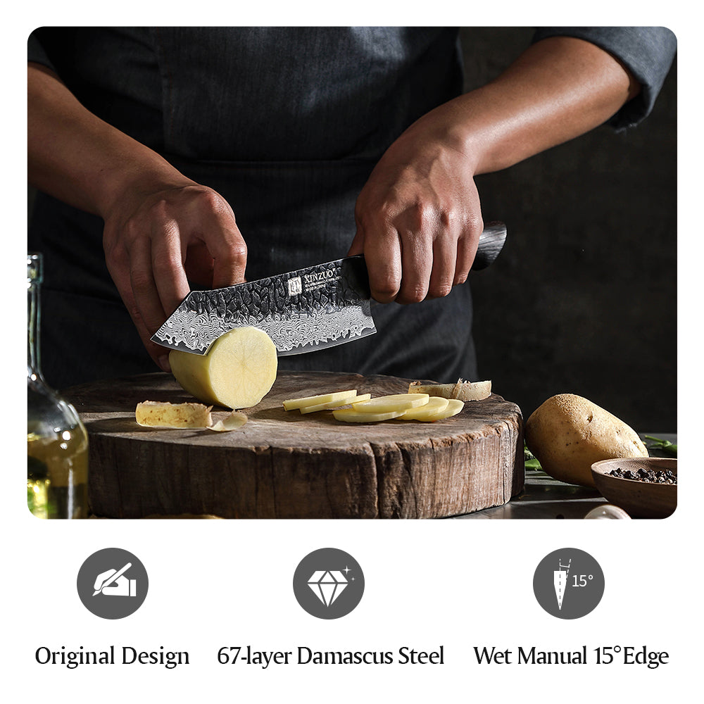 XINZUO 7 Inches 67 Layers Black Damascus Steel Santoku Knife with Burnt Oak Handle MO-Series
