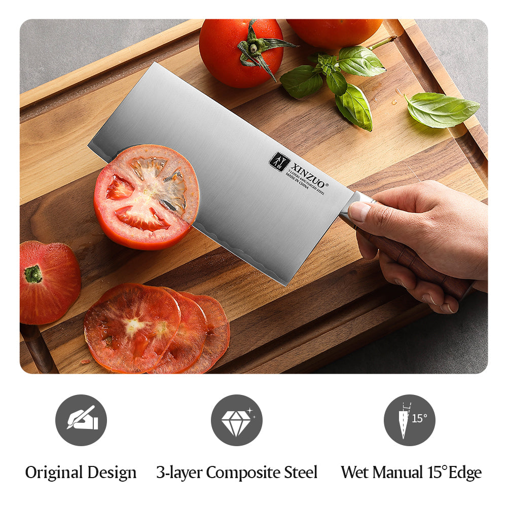 XINZUO 7.5 Inches Meat Cleaver Knife, 3-Layer Forged Steel with Red Sandalwood Handle & Copper Rivets, 58-60HRC