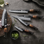 XINZUO 5-Piece Knife Set, 67 Layers Black Damascus Steel,Burnt Oak Handle MO-Series
