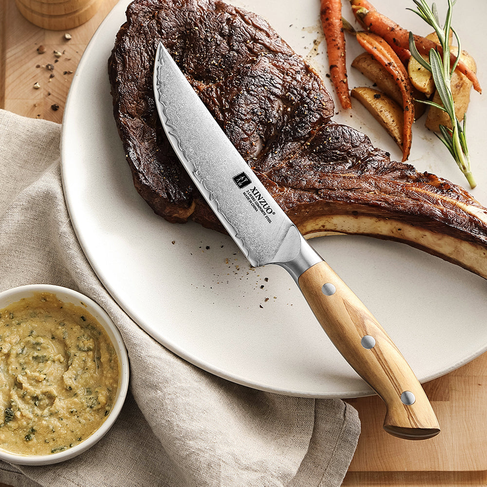 XINZUO Single Steak Knife - Triple-Layer Composited Steel with Olive Wood Handle, Razor Sharp & Ergonomic Design-PIN Series