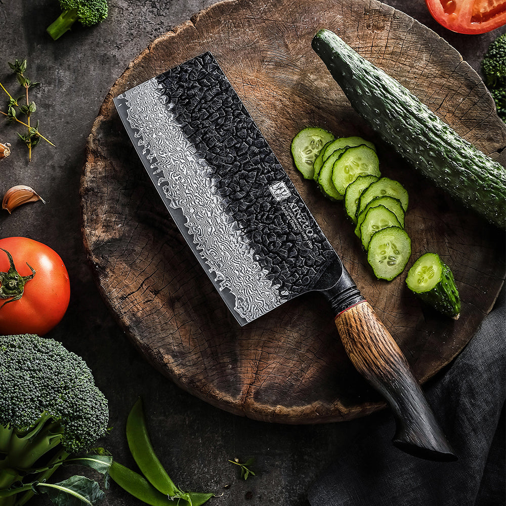 XINZUO 67 Layers Black Damascus Steel Meat Cleaver/Chinese Chef Knife with Burnt Oak Handle MO-Series