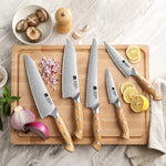 XINZUO 5PCS Kitchen Knife Set(Granton Chef, Santoku, Bread, Utility & Paring Knives) - Triple-Layer Composited Steel with Olive Wood Handle, Razor Sharp & Ergonomic Design-PIN Series