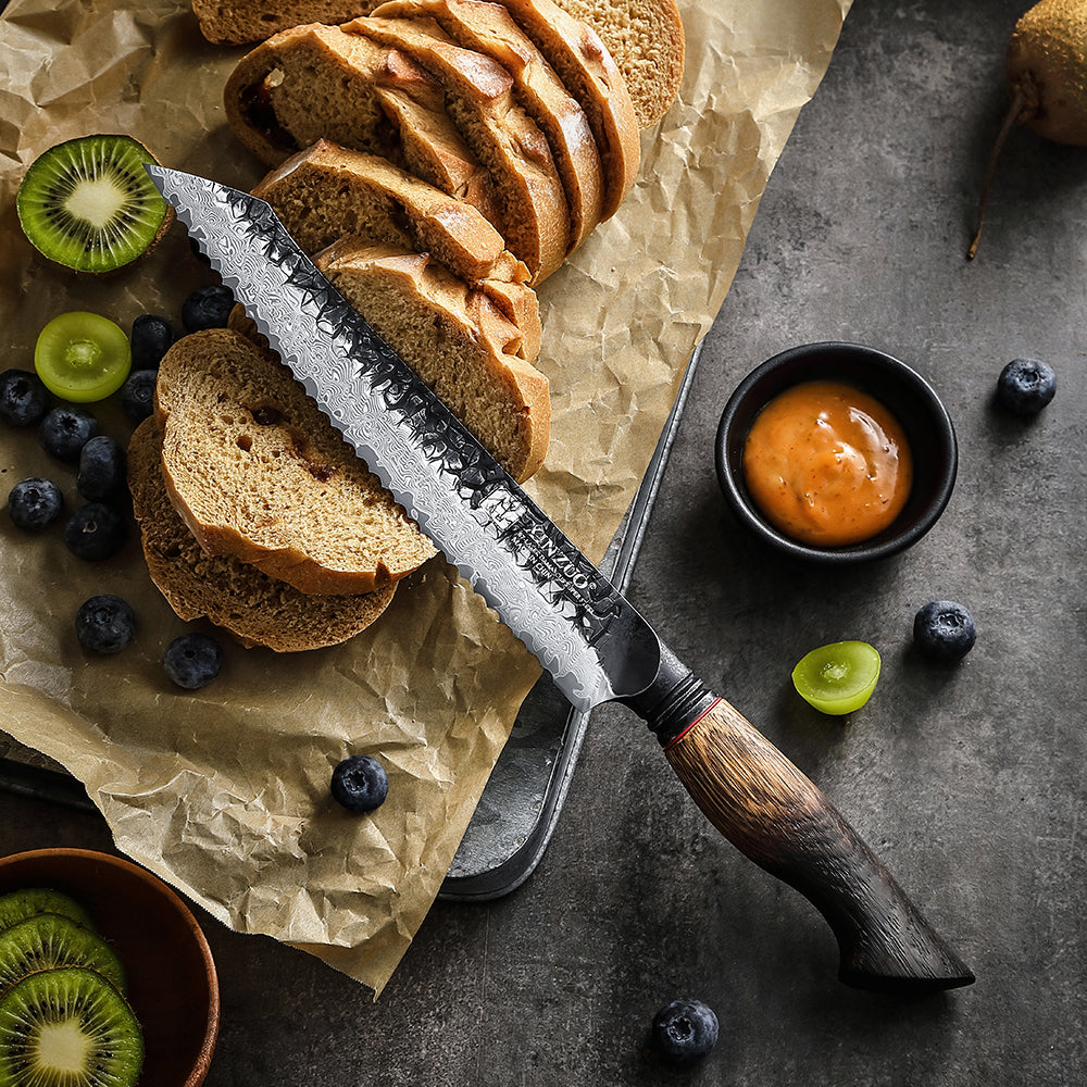 XINZUO 8.5 Inches 67 Layers Black Damascus Steel Bread Knife with Burnt Oak Handle MO-Series