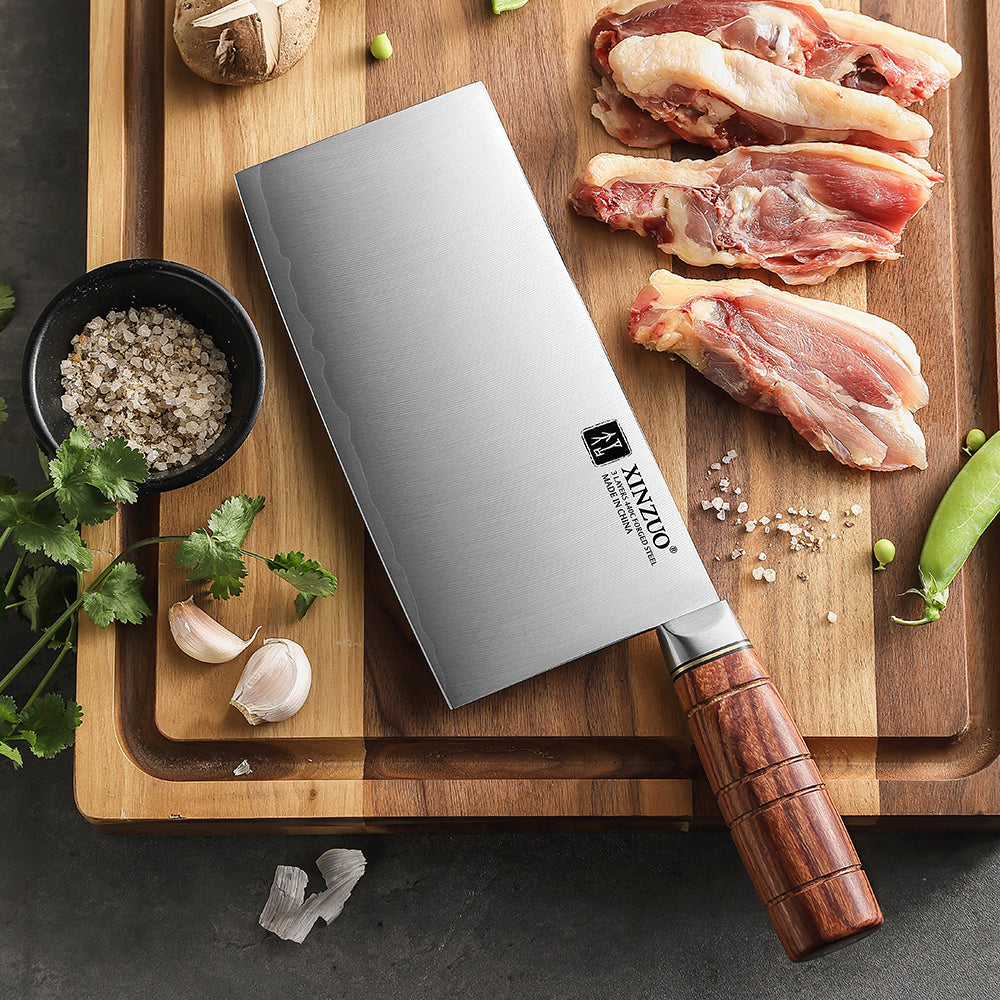 XINZUO 7.5 Inches Meat and Bone Knife, 3-Layer Forged Steel with Red Sandalwood Handle & Copper Rivets, 58-60HRC - Multi-Purpose Chef's Cleaver