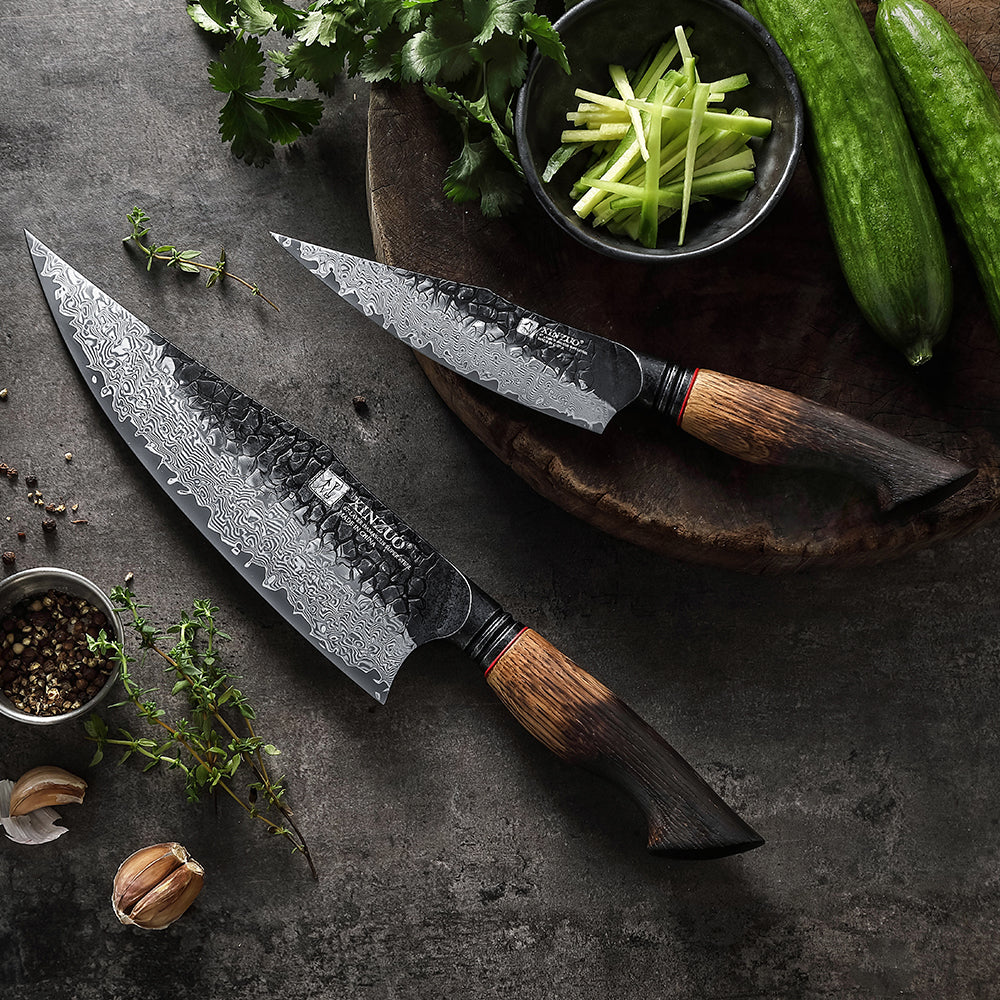 XINZUO 2-Piece Knife Set, 67 Layers Black Damascus Steel Chef Knife and Kitchen Utility Knife with Burnt Oak Handle MO-Series