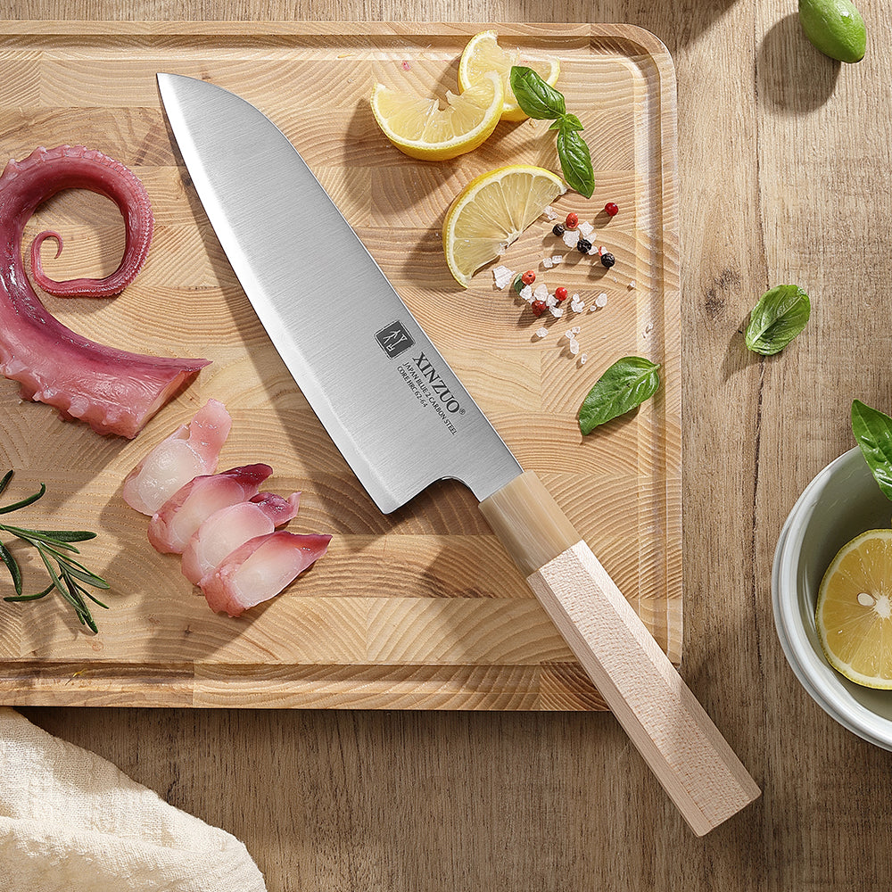 XINZUO 7.5 Inches Santoku Knife, Japanese Aogami #2 Steel, 62-64HRC, Ergonomic Octagonal Handle, Exquisite Gift-Ready Packaging