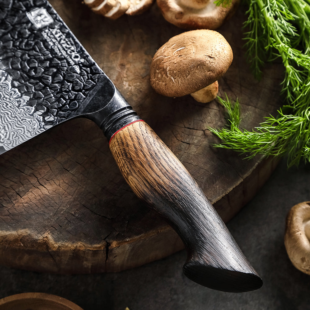XINZUO 67 Layers Black Damascus Steel Meat Cleaver/Chinese Chef Knife with Burnt Oak Handle MO-Series