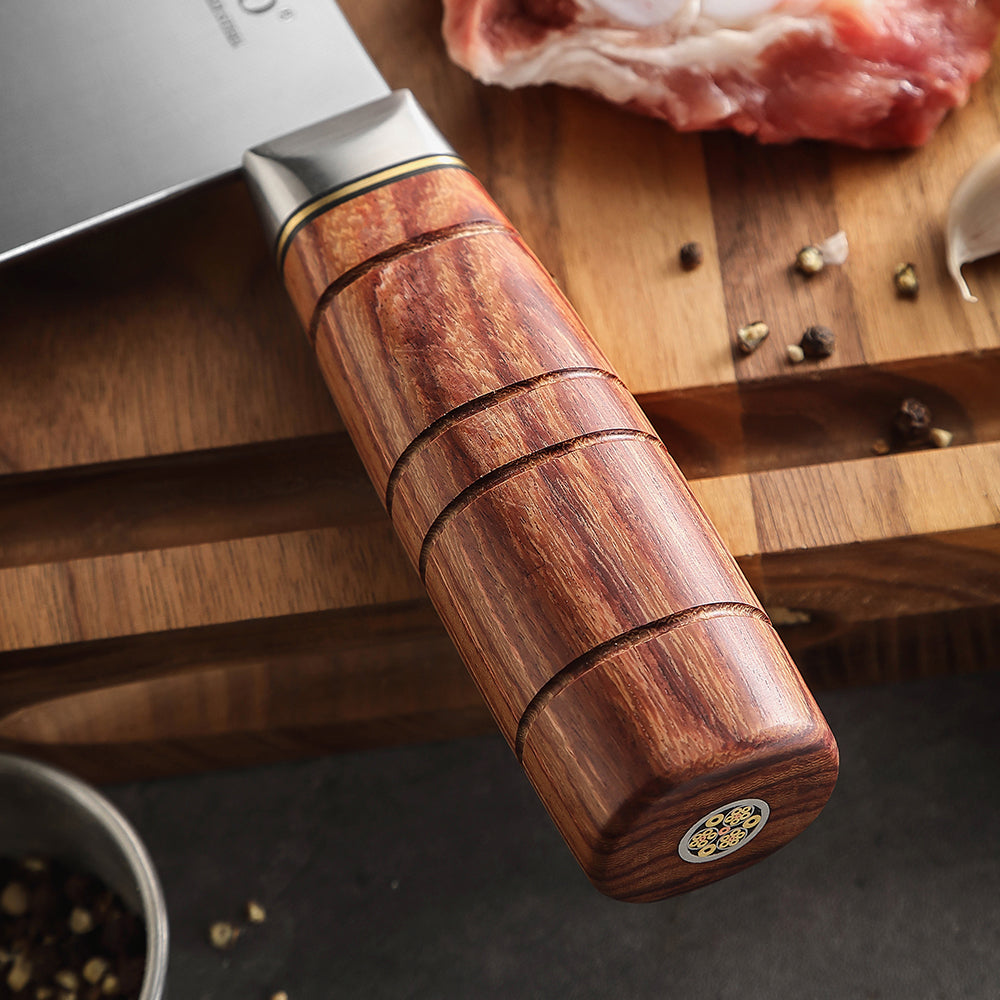 XINZUO 7.5 Inches Meat and Bone Knife, 3-Layer Forged Steel with Red Sandalwood Handle & Copper Rivets, 58-60HRC - Multi-Purpose Chef's Cleaver