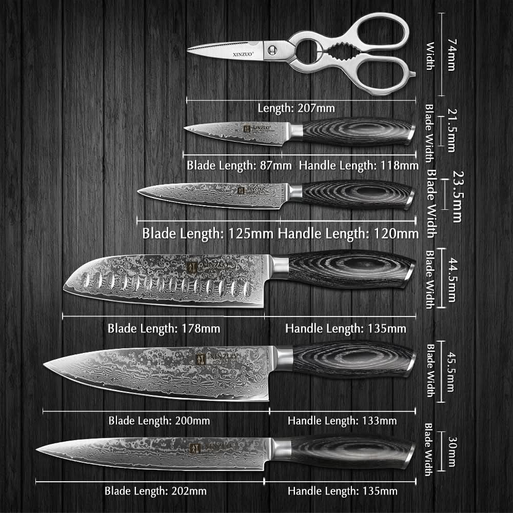 XINZUO 7-Piece 67 Layers Damascus Steel Kitchen Knife Set with Block and Kitchen Scissor-Ya Series