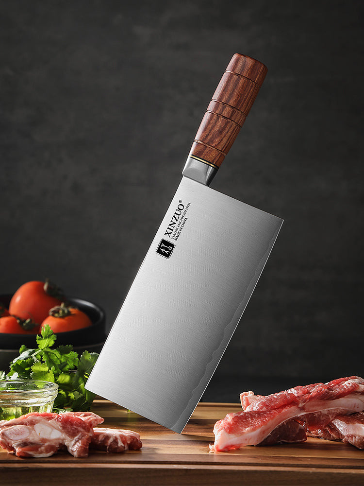 XINZUO 7.5 Inches Meat and Bone Knife, 3-Layer Forged Steel with Red Sandalwood Handle & Copper Rivets, 58-60HRC - Multi-Purpose Chef's Cleaver