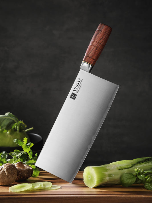 XINZUO 9 Inches Chinese Slicing Knife, 3 Layers Clad Steel with Red Wood Handle & Copper Rivets, 58~60HRC - FU Series