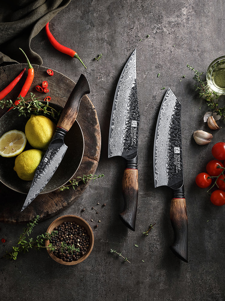 XINZUO 3-Piece Knife Set, 67 Layers Black Damascus Steel Chef Knife/Santoku Knife/Kitchen Utility Knife with Burnt Oak Handle MO-Series