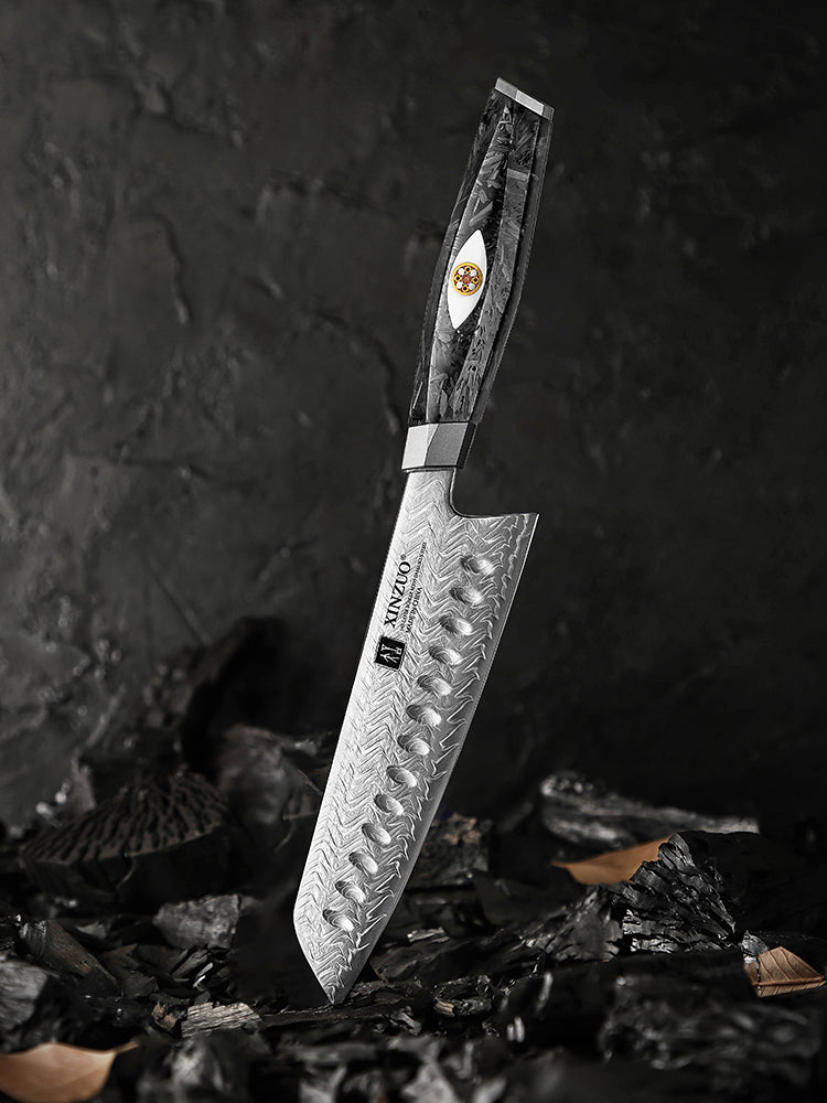 XINZUO 145 Layers Damascus Santoku Knife, Ergonomic Handle, Acacia Wooden Gift Box