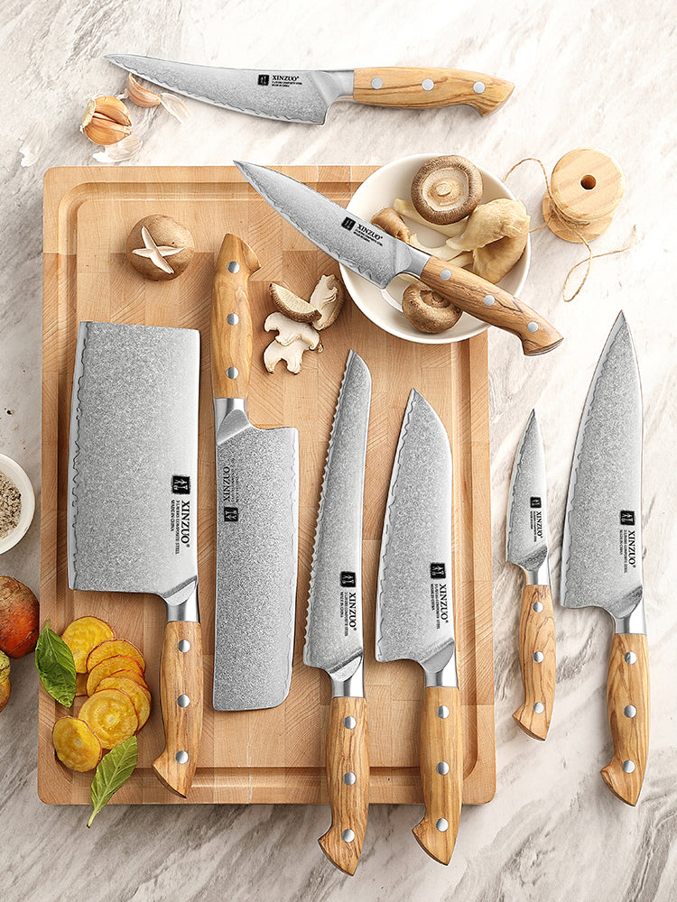 XINZUO 8PCS Kitchen Knife Set - Triple-Layer Composited Steel with Olive Wood Handle, Razor Sharp & Ergonomic Design-PIN Series