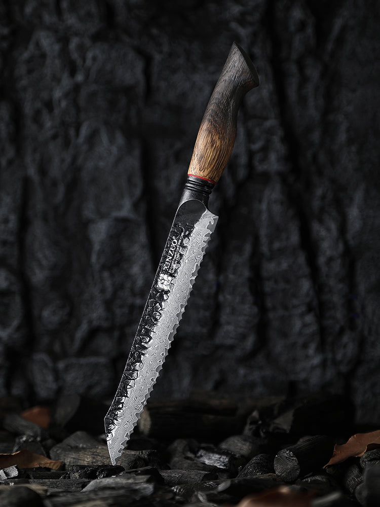 XINZUO 8.5 Inches 67 Layers Black Damascus Steel Bread Knife with Burnt Oak Handle MO-Series