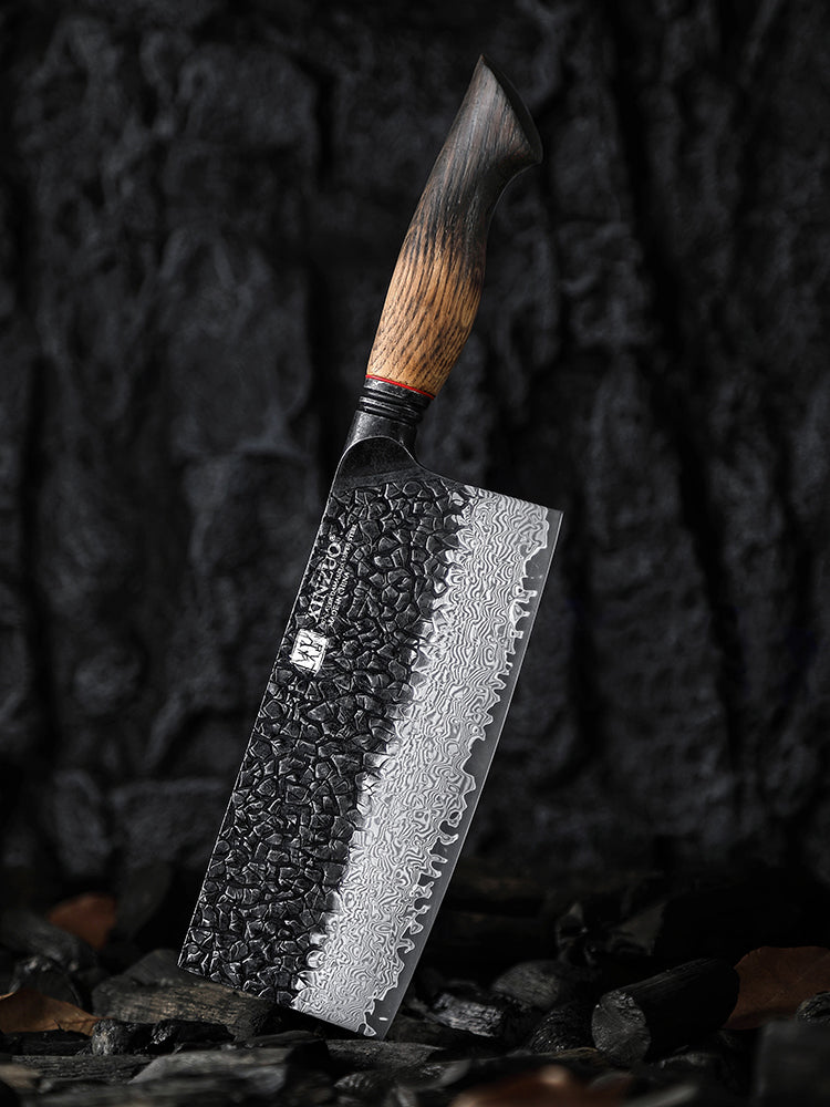 XINZUO 67 Layers Black Damascus Steel Meat Cleaver/Chinese Chef Knife with Burnt Oak Handle MO-Series