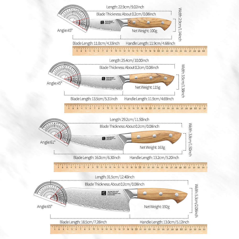 XINZUO 8PCS Kitchen Knife Set - Triple-Layer Composited Steel with Olive Wood Handle, Razor Sharp & Ergonomic Design-PIN Series