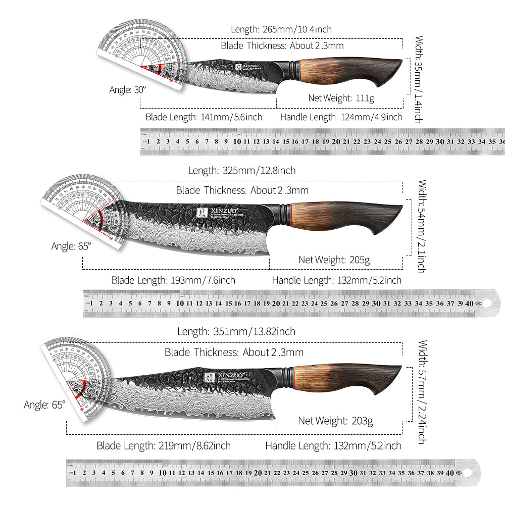 XINZUO 3-Piece Knife Set, 67 Layers Black Damascus Steel Chef Knife/Santoku Knife/Kitchen Utility Knife with Burnt Oak Handle MO-Series