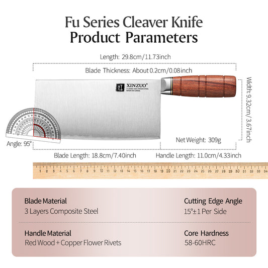XINZUO 7.5 Inches Meat Cleaver Knife, 3-Layer Forged Steel with Red Sandalwood Handle & Copper Rivets, 58-60HRC